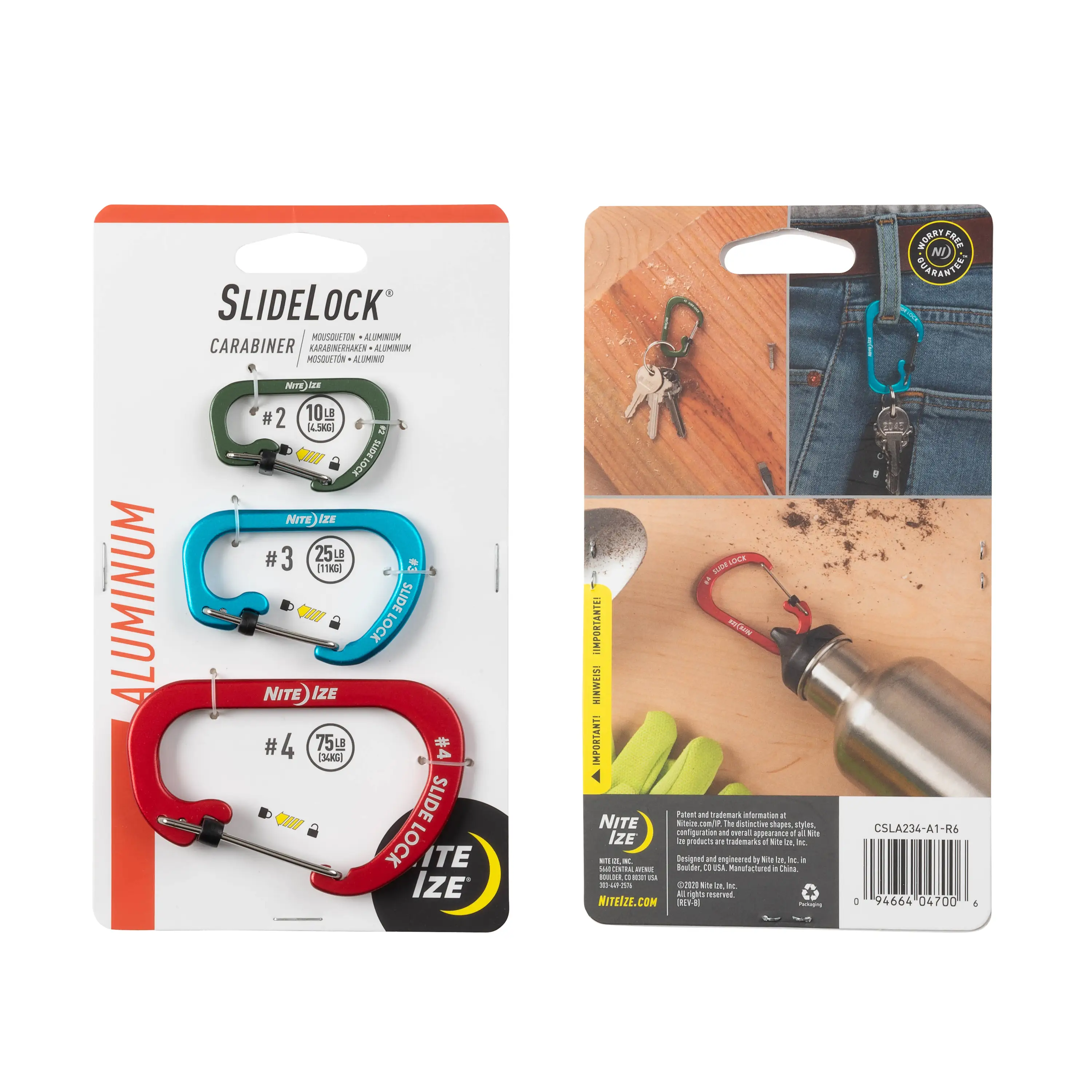 Nite Ize SlideLock Carabiner Aluminum - 3 Pack - #2 Olive, #3 modrá, #4 červená