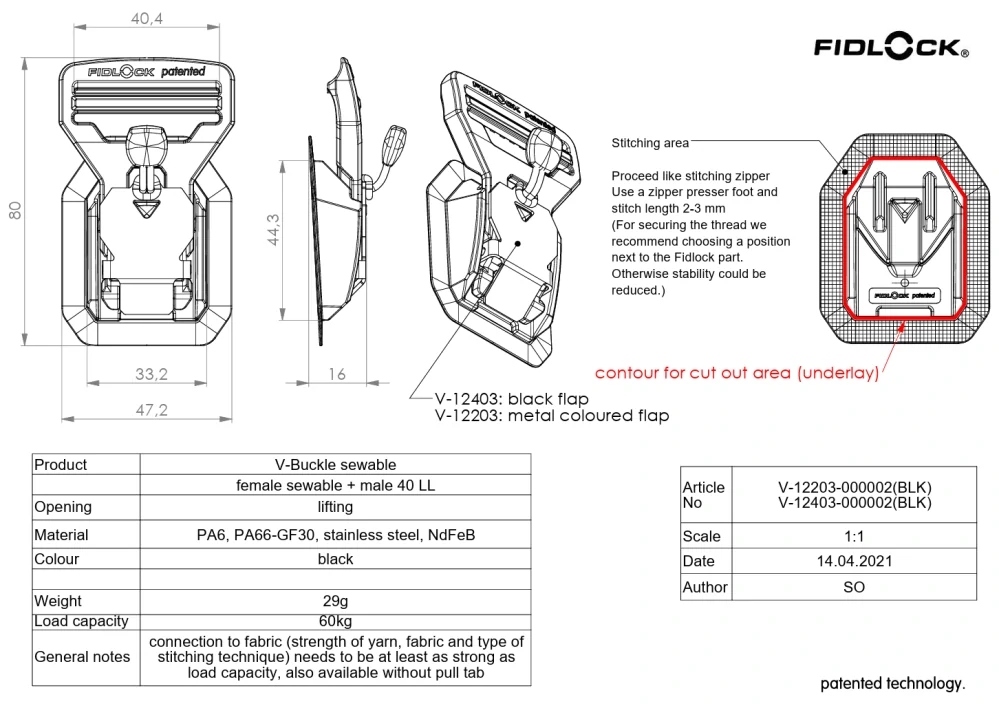 FIDLOCK V-BUCKLE sewable 40 black flap