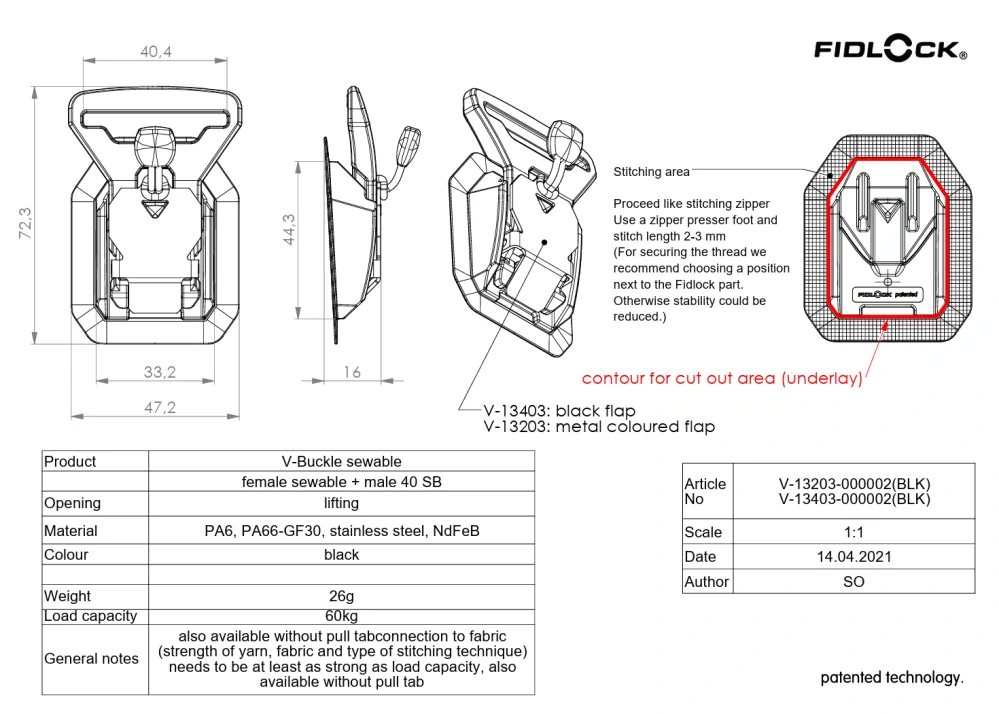 FIDLOCK V-BUCKLE sewable 40 SB black flap